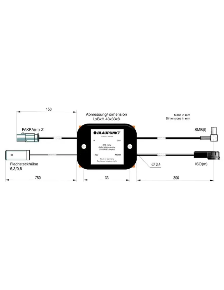 BLAUPUNKT Blaupunkt DAB-S-31p — Rozdzielacz antenowy AM/FM i DAB+ FAKRA/ISO z zasilaniem fantomowym